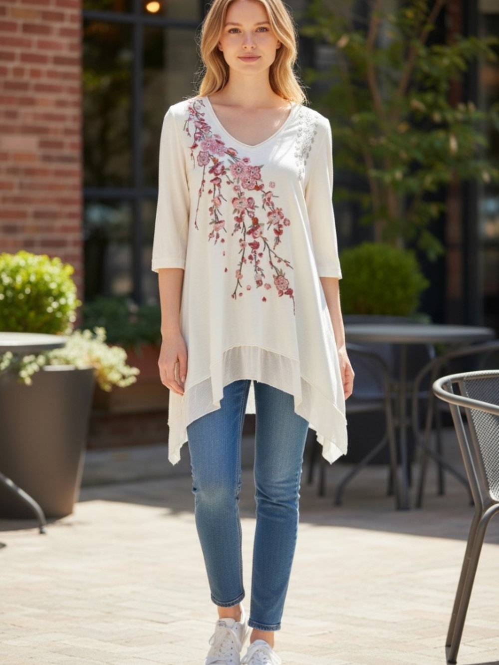 Johnny Was LA Embroidered Floral Tunic Mini Dress Ivory Cotton Medium